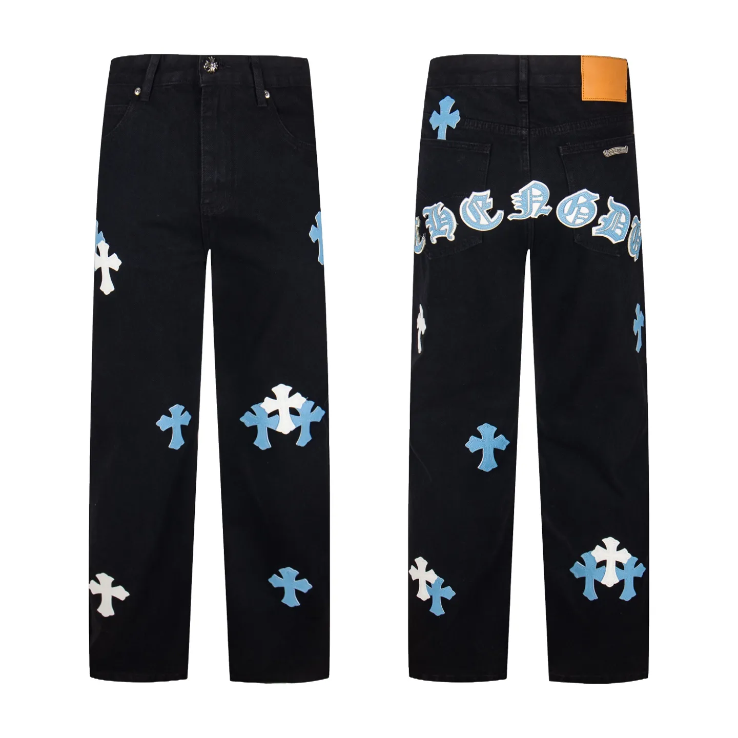 P260 Chrome Hearts Black Pants Sanskrit Blue and White Patch Leather Jeans CH jeans need to be washed before being dismantled and then hand-stitched with sheepskin cross leather and then spliced ​​together. The whole piece has too many craftsmanship to describe. The patches are decorated with cross patterns and the high-waisted washed jeans! ! Absolutely high-end luxury products, god-level single products and super popular products, made with top heavy industry, a must-see magic weapon. Customized hardware. The fabric is thick and soft after washing. It has good breathability. Customized small leather label. Unique design. The details are simple and elegant, and the workmanship is exquisite. The entire trousers are neatly routed and the details are in place! It’s so cool that both men and women can easily control the genderless trend! Style number: 1873# Color: black Size: 28 30 32 34